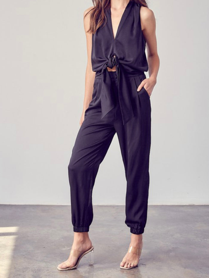 Black Tie Front Sleeveless Jumpsuit