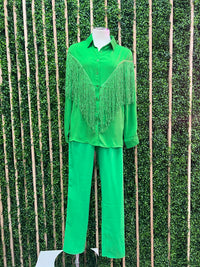 Green Fringe Button Down Blouse