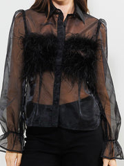 Black Organza Feather Chest Blouse