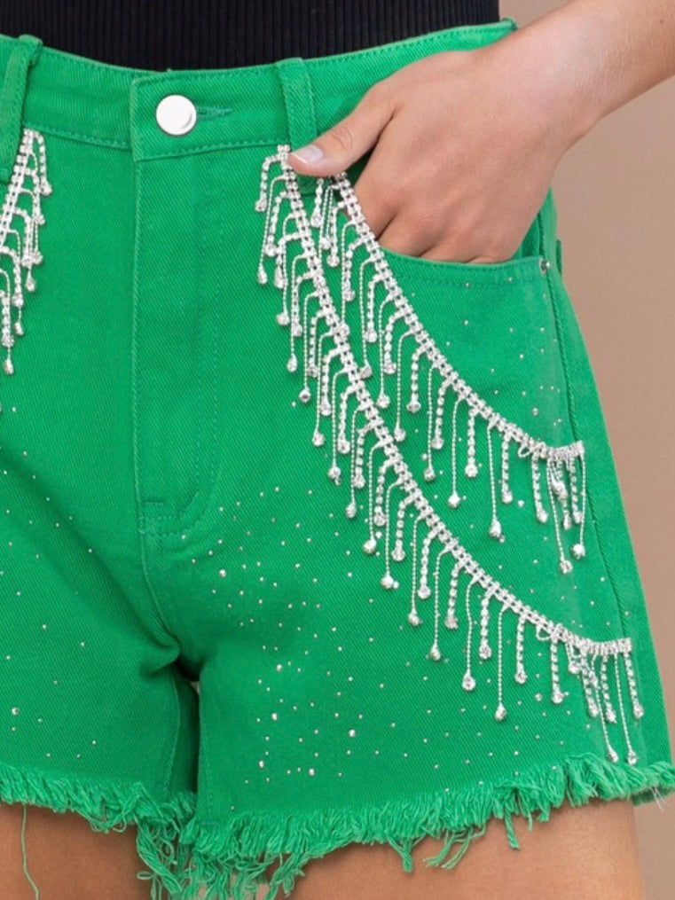 Kelly Green Rhinestone Drape Denim Short