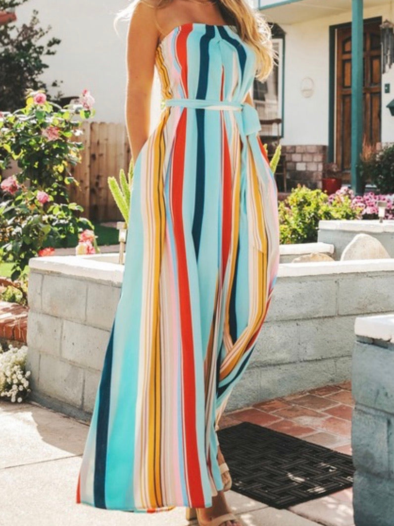 Wide Leg Striped Strapless jumpsuit