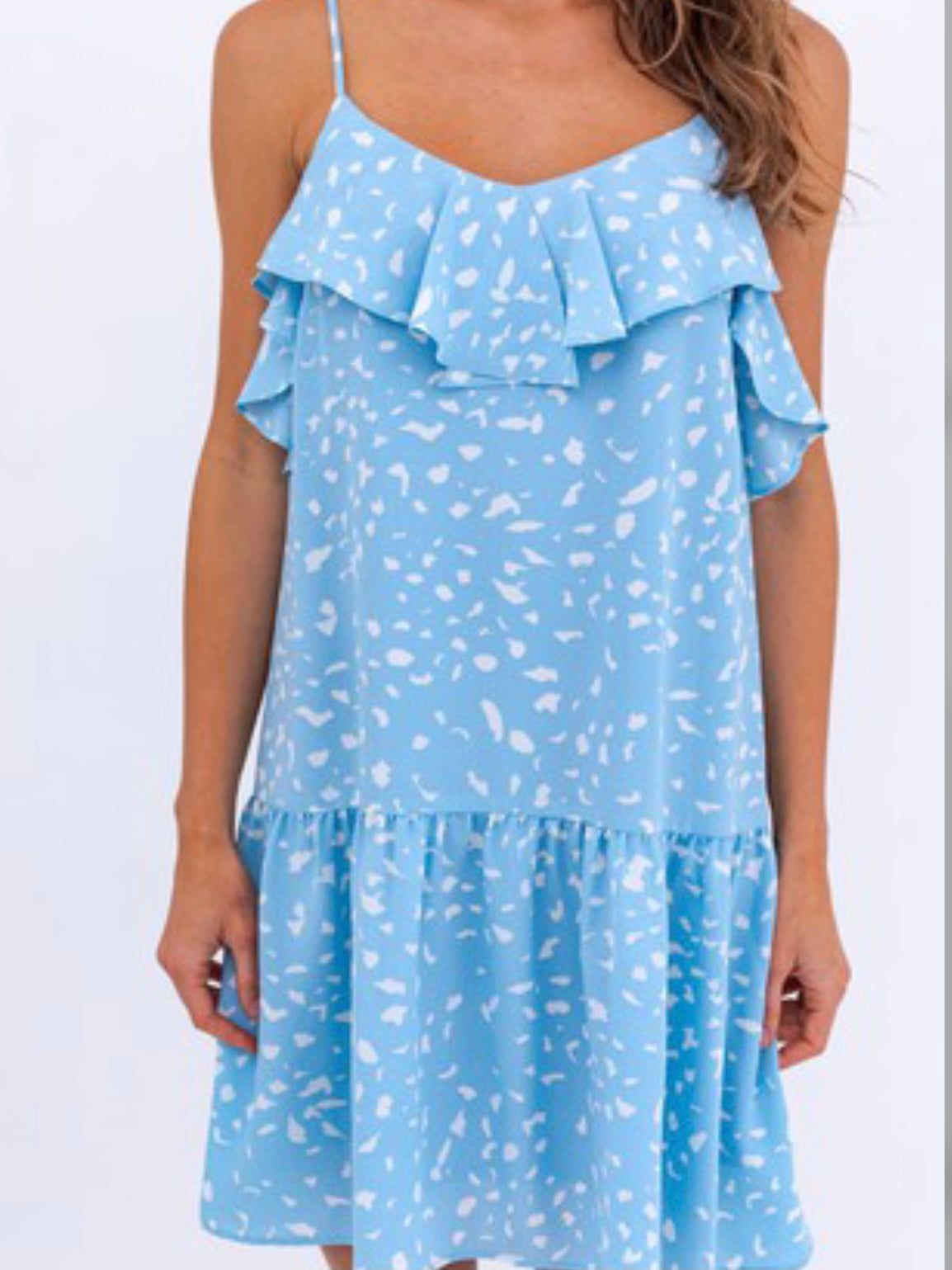 White Blue Ruffled Drop Waist Dress