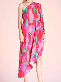 Red Pink Green One Shoulder Midi Dress