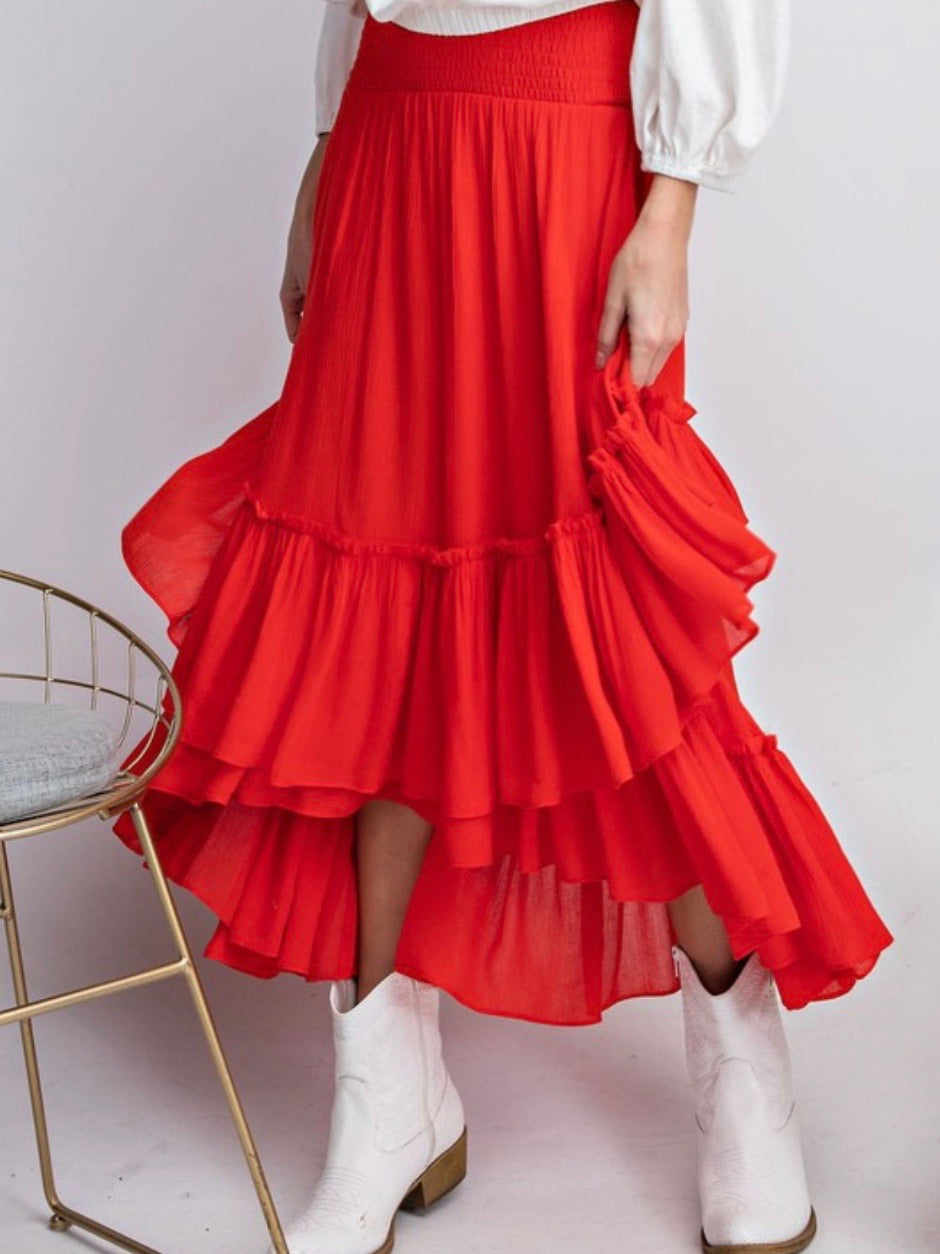 Hot Coral Tiered Midi Skirt