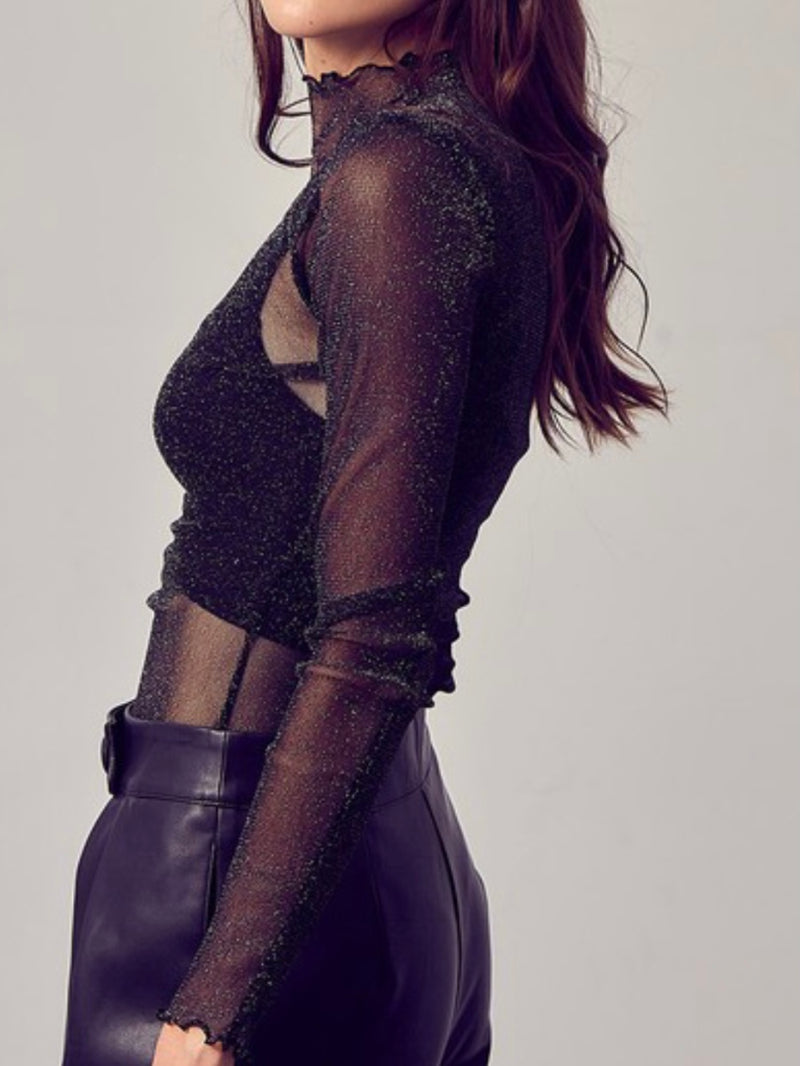 Mock Neck Glitter Mesh Top