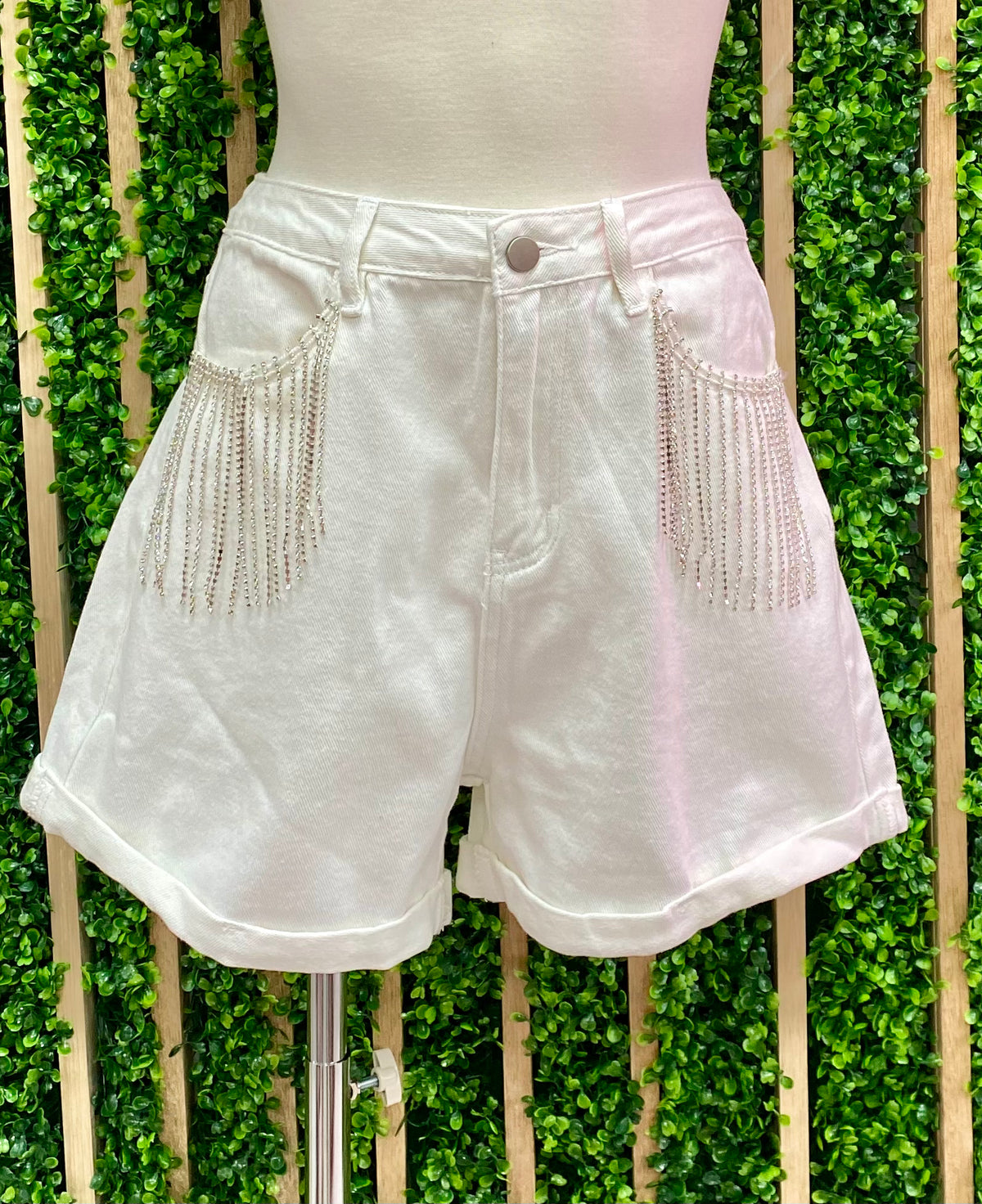 Rhinestone Fringe Short Denim