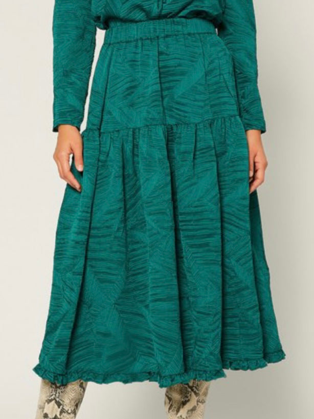 Emerald Green Textureed Tiered Midi Skirt