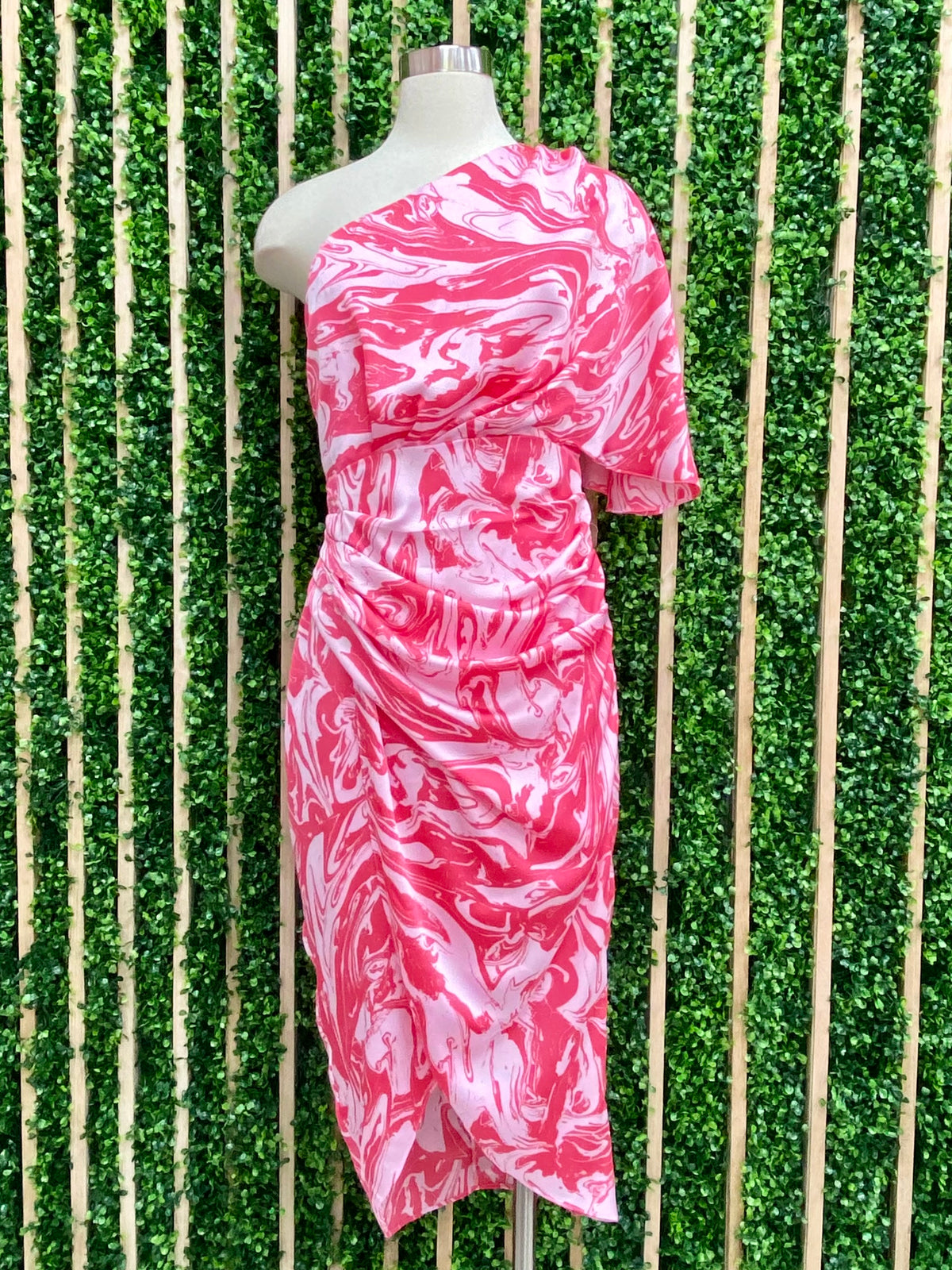 Pink Marble One Shoulder Draped Midi Dress