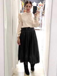 Black Pleather Pleated Midi Skirt