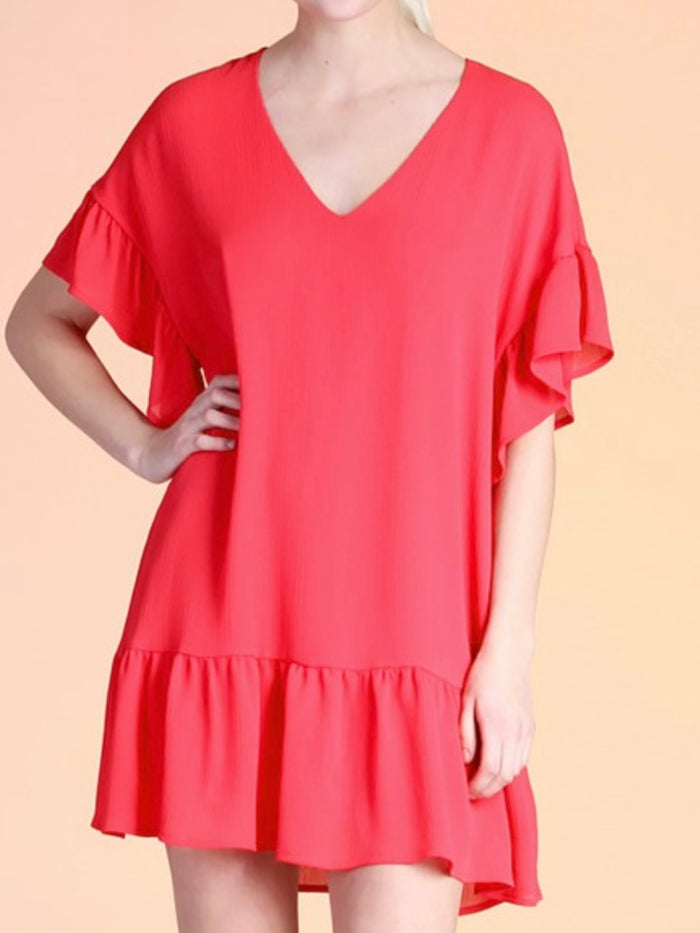 Red Flutter Sleeves Drop Waist Dress