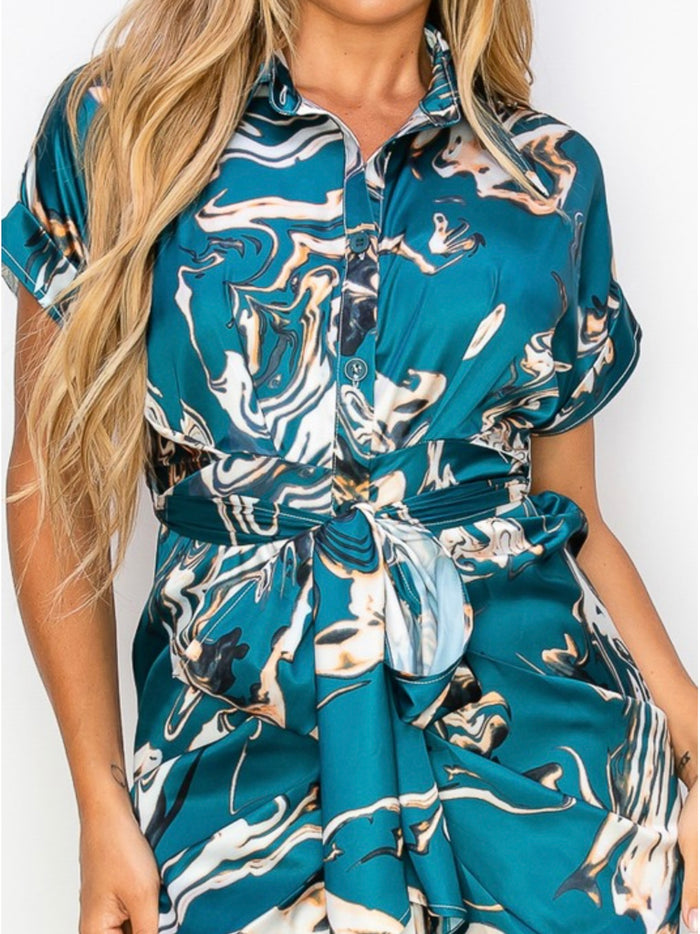 Teal Print Ruched Midi Dress