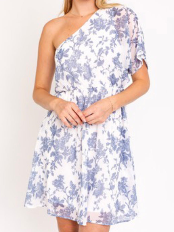 White Blue Botanical One Shoulder Dress