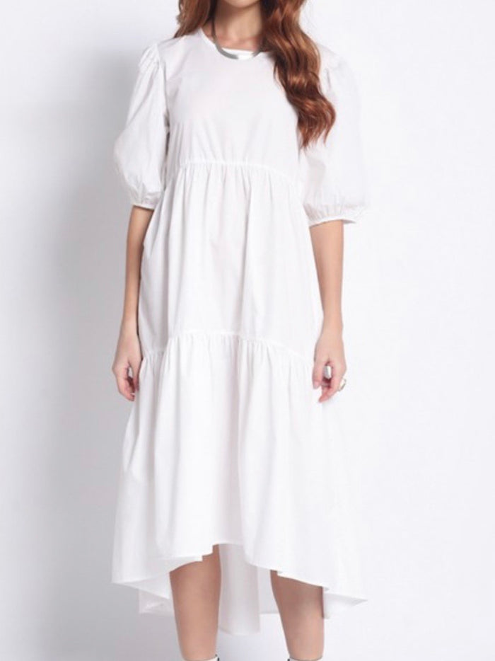 Balloon Sleeve Tiered Midi Dress