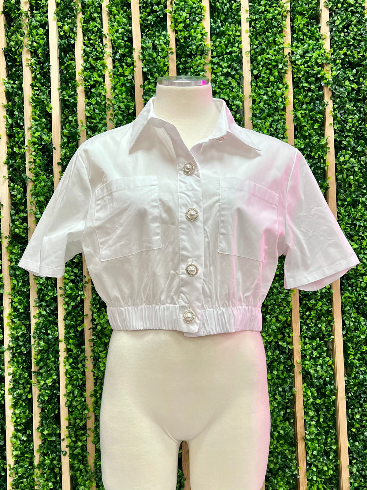 White Short Sleeve Button Up Crop Shirt