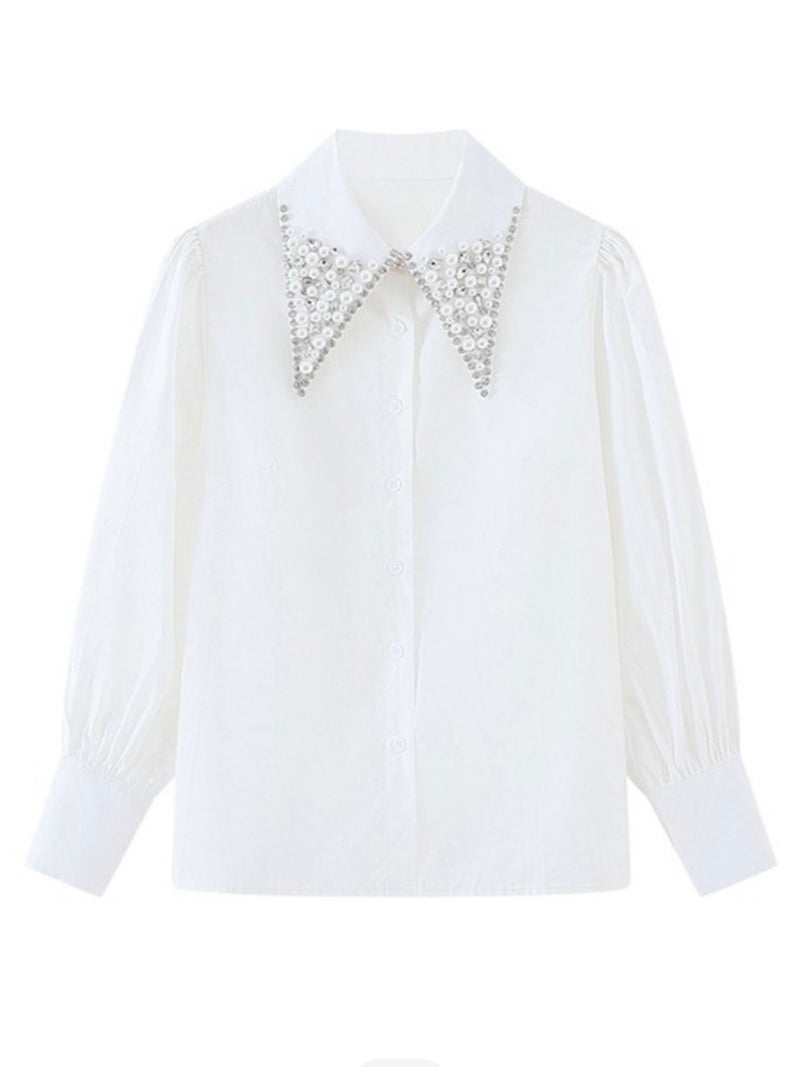 Rhinestone Collar Button Down Blouse