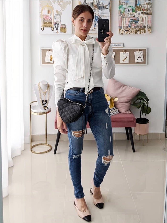 White Denim Bow Blouse