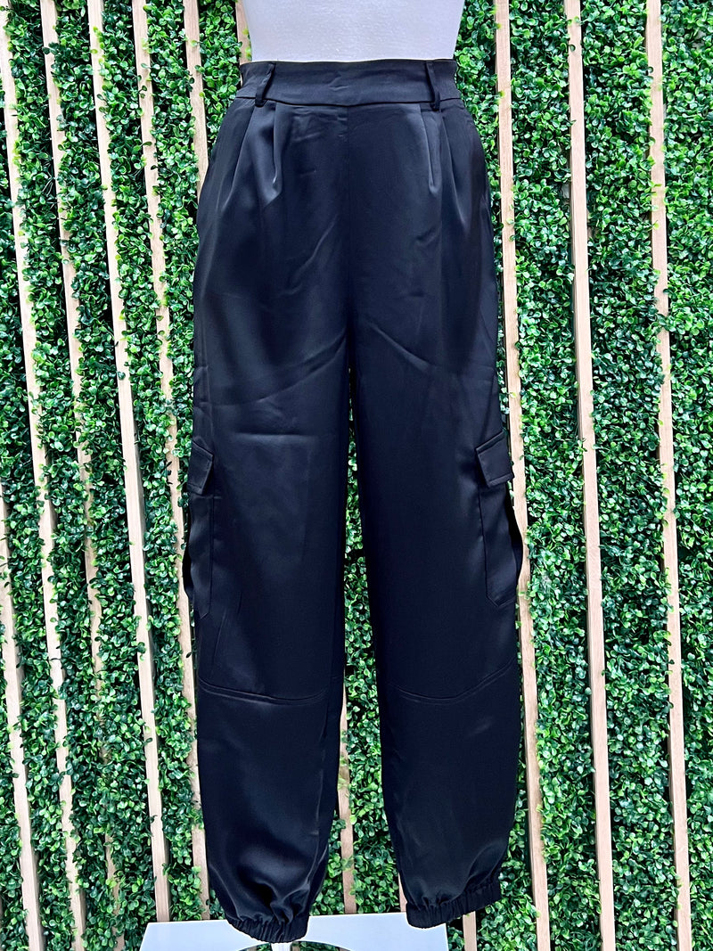 Black Satin Cargo Jogger