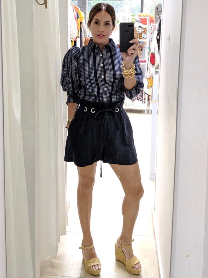 Navy Plaid Puff Sleeve Blouse