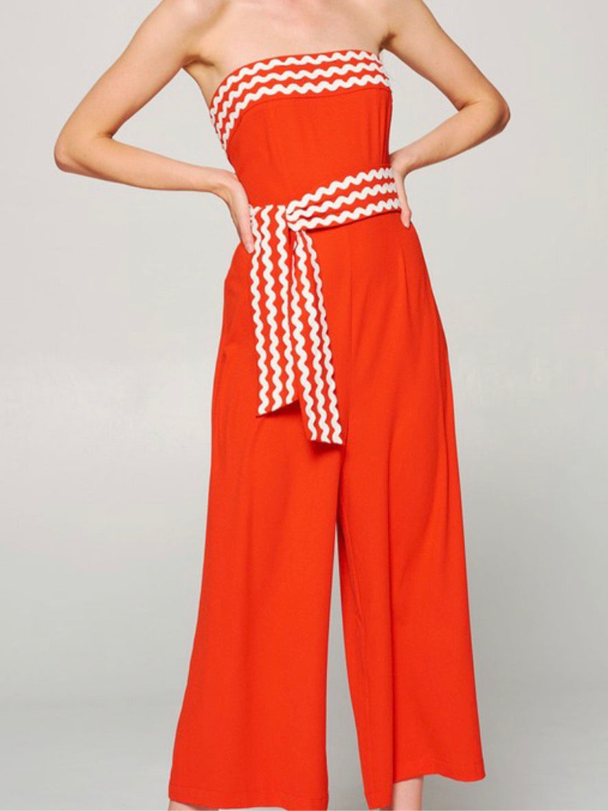 Tomato Trim Strapless Culote Jumpsuit