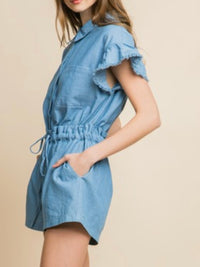 Ruffled Sleeve Paperbag Denim Romper