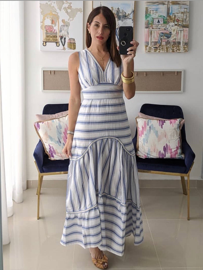 Blue Striped Linen Tiered Maxi