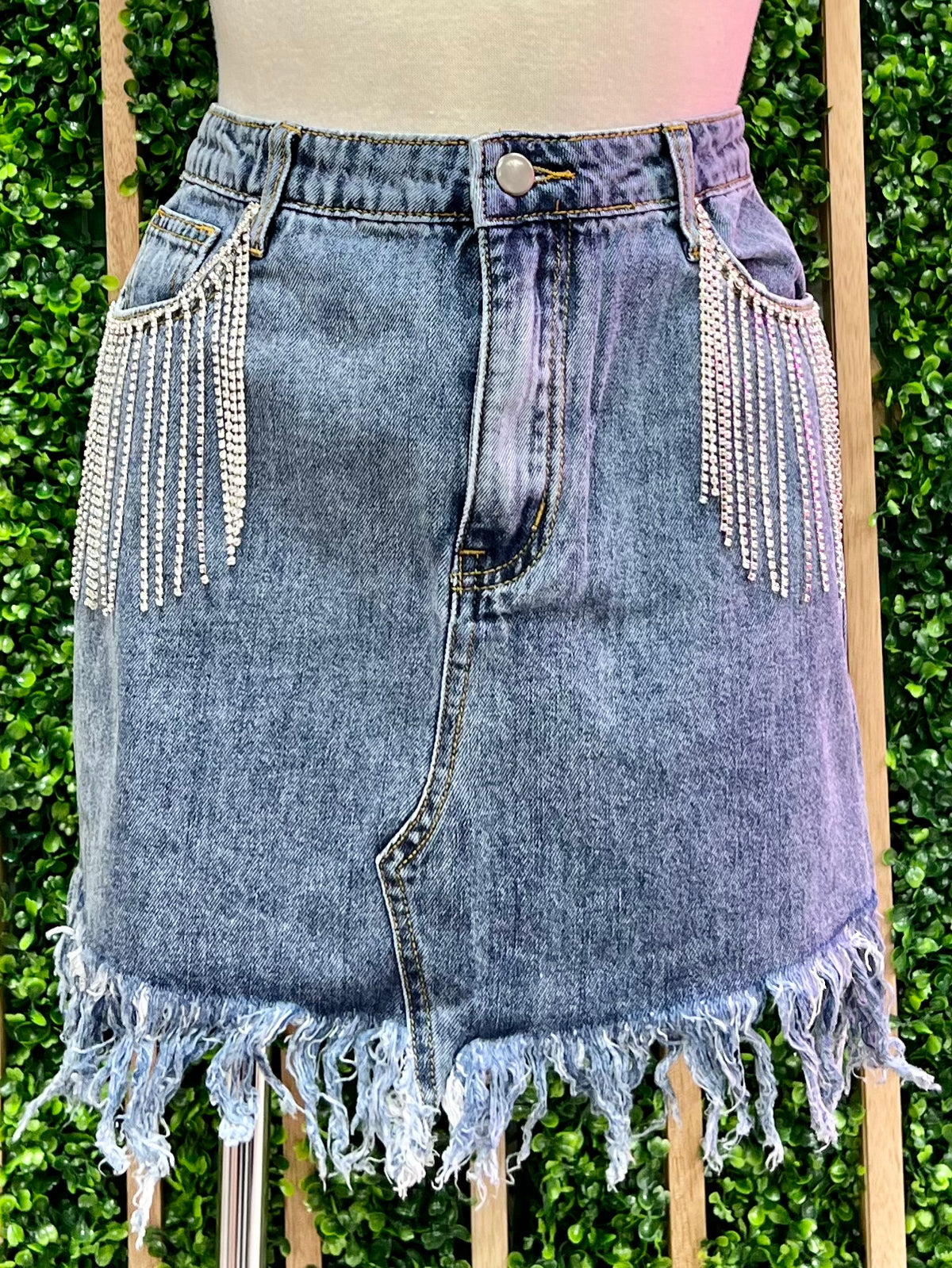 Rhinestone Fringe Short Denim Skirt