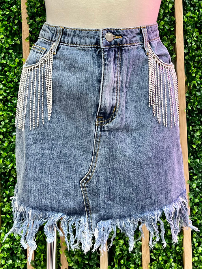 Rhinestone Fringe Short Denim Skirt
