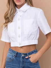 White Short Sleeve Button Up Crop Shirt