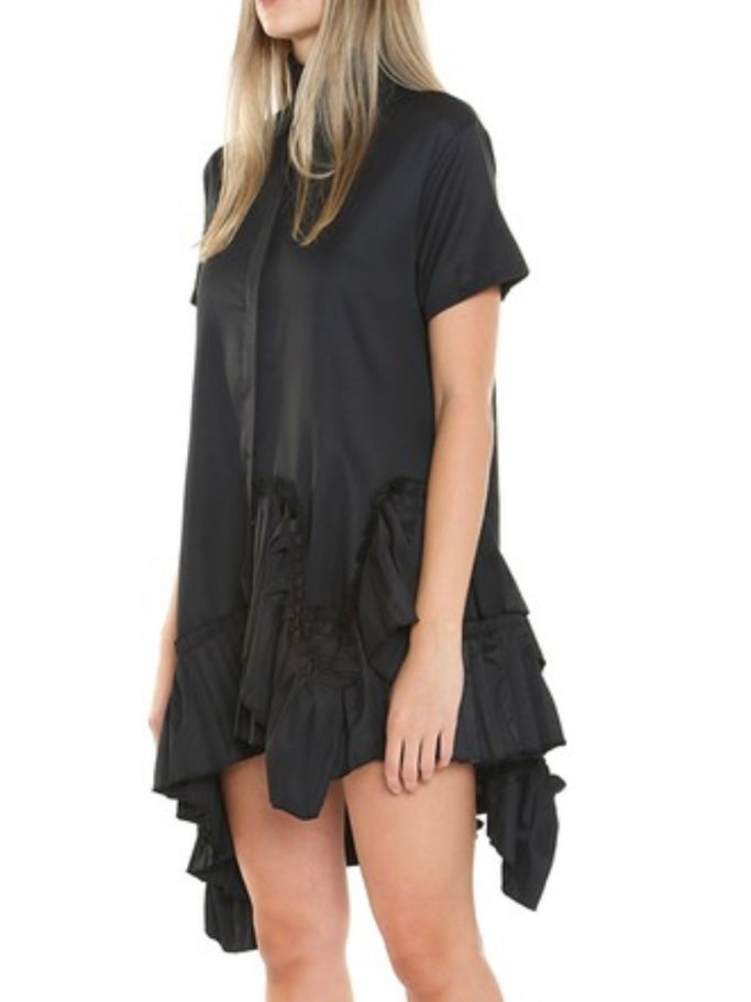 Frilled High Neck Uneven Hem Short Dress