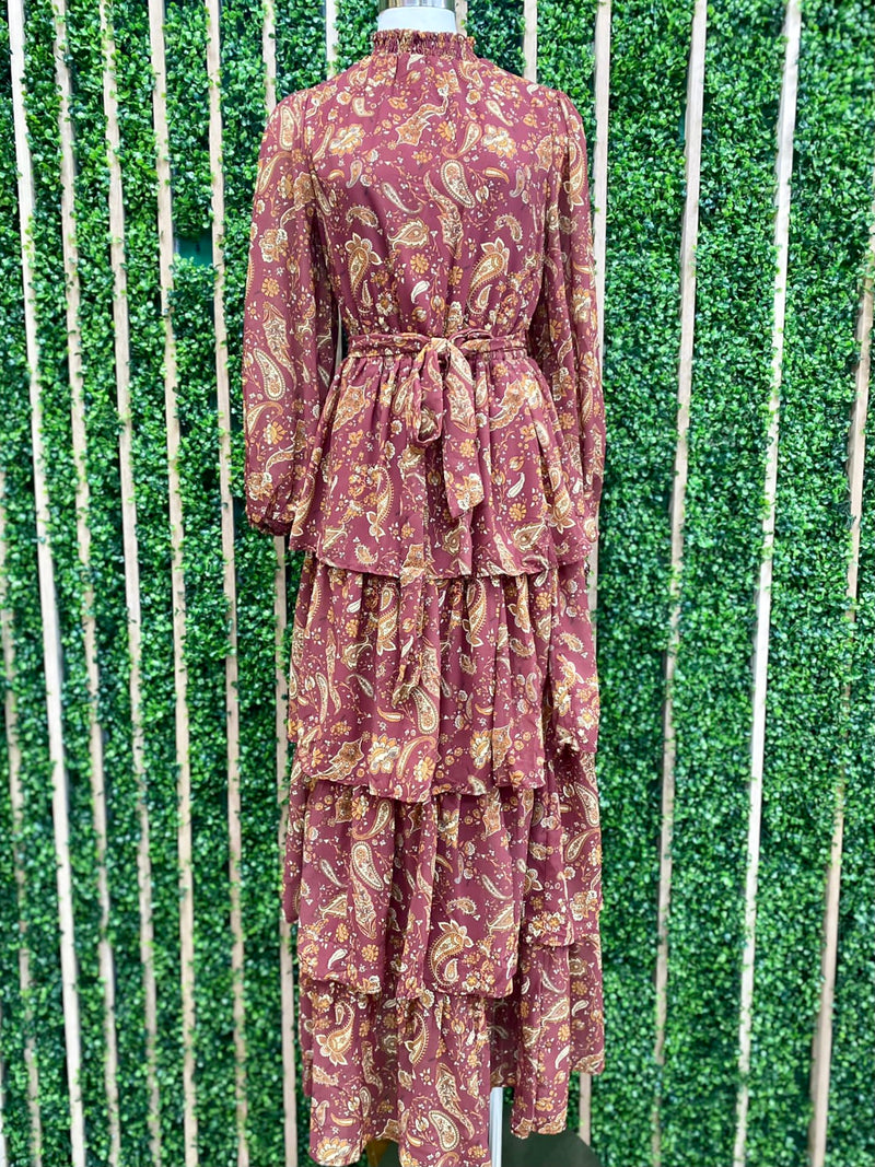 Burgundy Paisley Tiered Long Sleeve Maxi