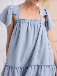 Blue Textured Flutter Sleeve Short Dress