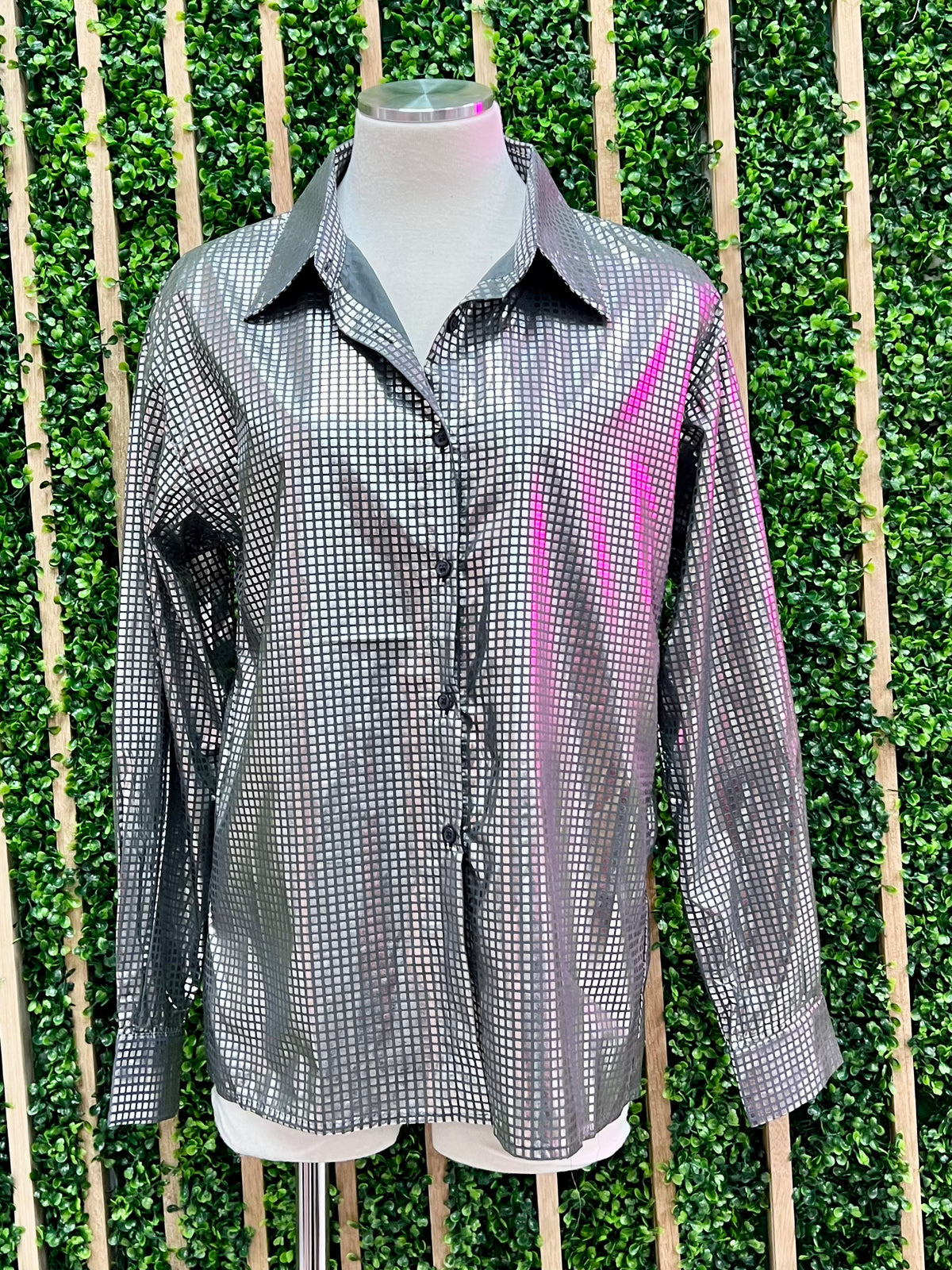 Silver Metallic Button Up Collared Shirt