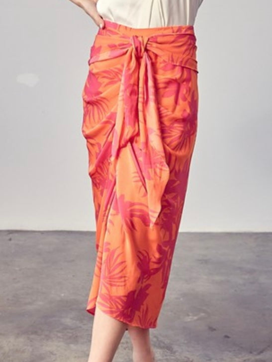 Papaya Print Ruched Midi Skirt