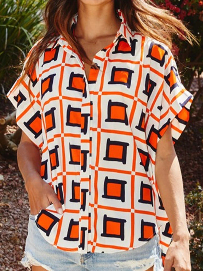 Orange Navy Squares Button Down Blouse