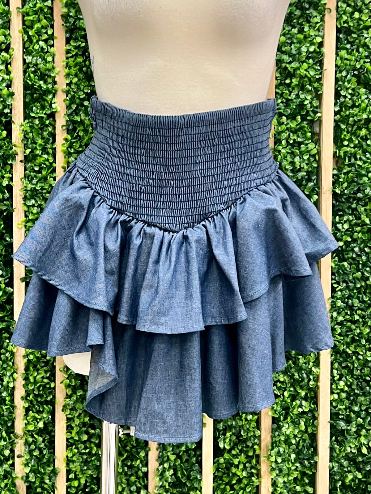 Smocked Denim Short Skirt