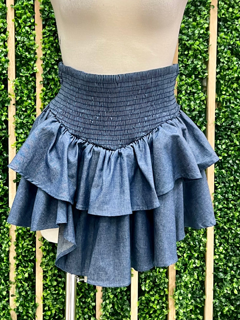 Smocked Denim Short Skirt