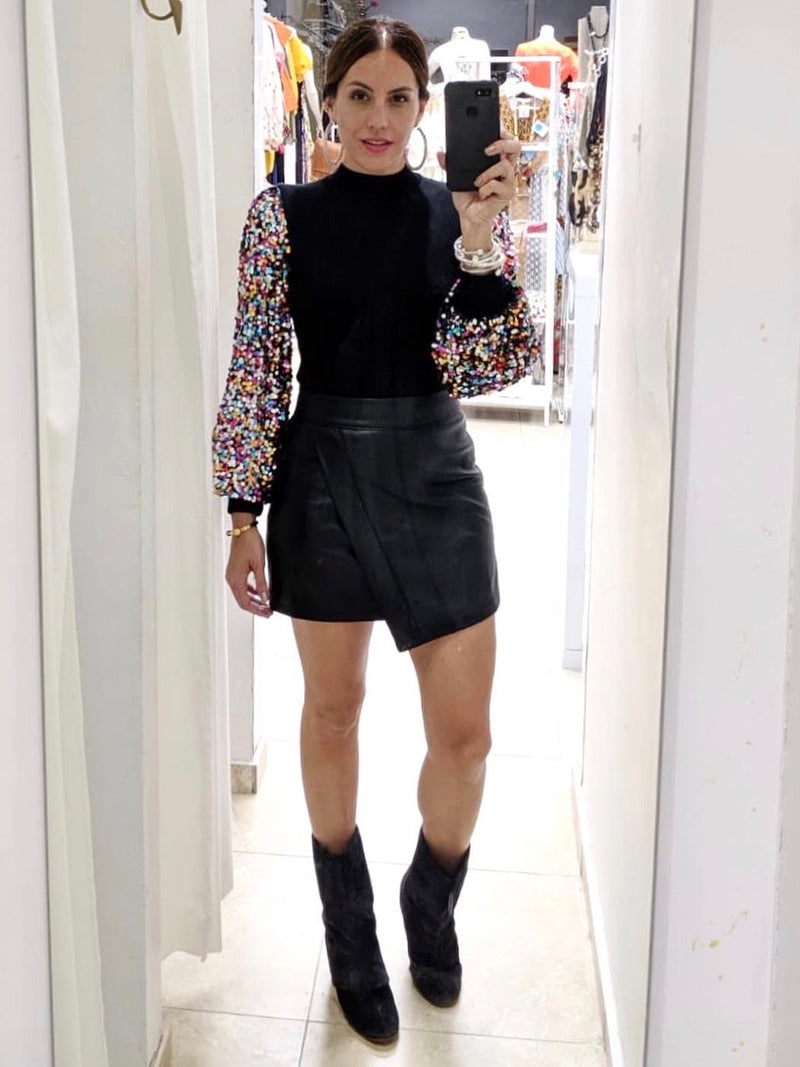 Black Pleather Asymmetrical Mini Skirt