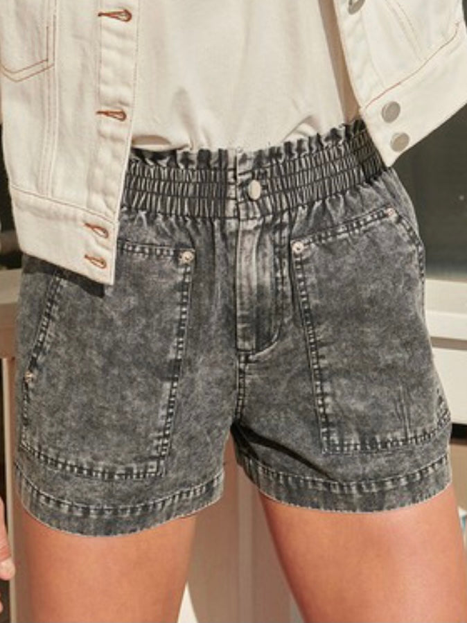 Black Acid Wash Paper Bag Denim Shorts