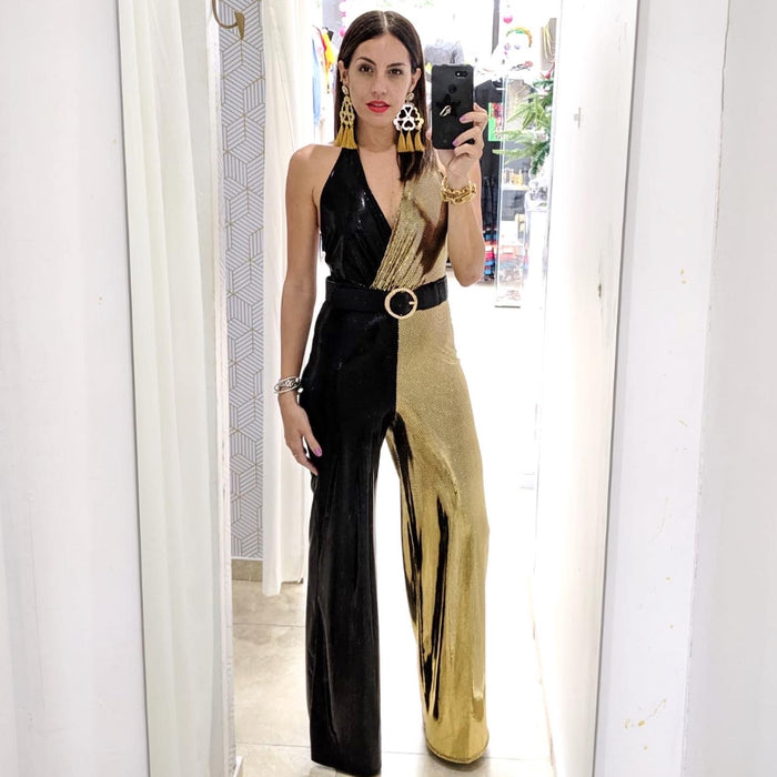 Gold Color Block Halter Jumpsuit
