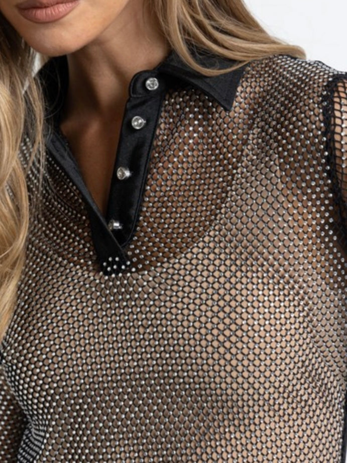 Black Rhinestone Mesh Collar Blouse