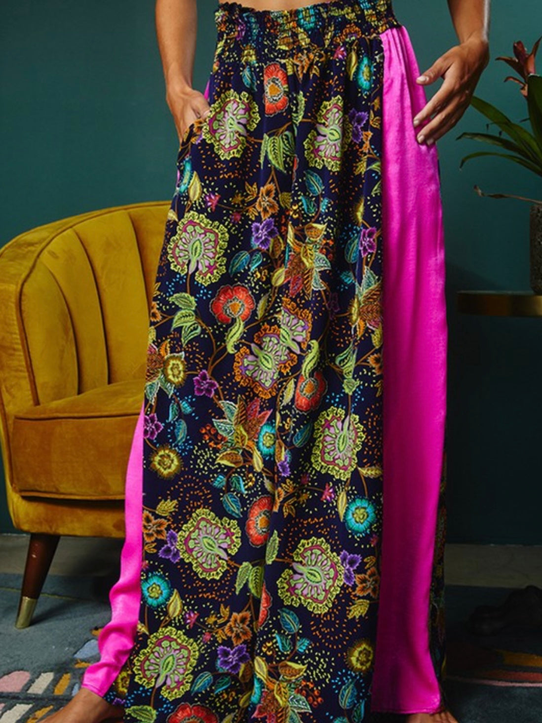 Navy Fuchsia Paisley Wide Leg Pant