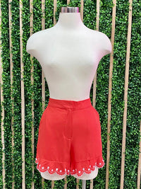 Red Embroidered Scalloped Shorts