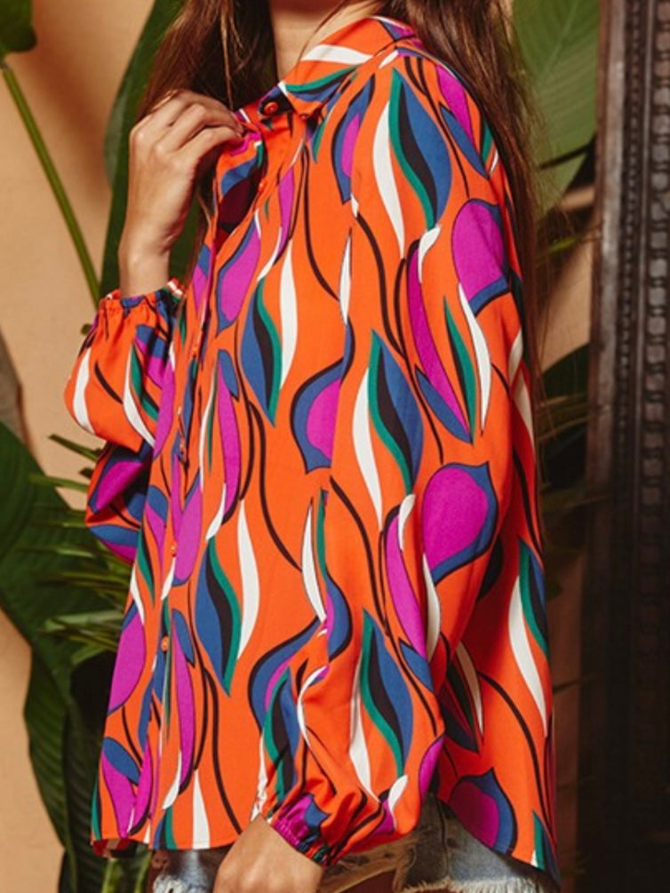 Orange Fuchsia Geo Print Blouse