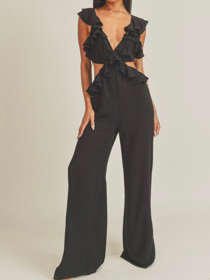 Black Ruffled Cutout Jumpsuit