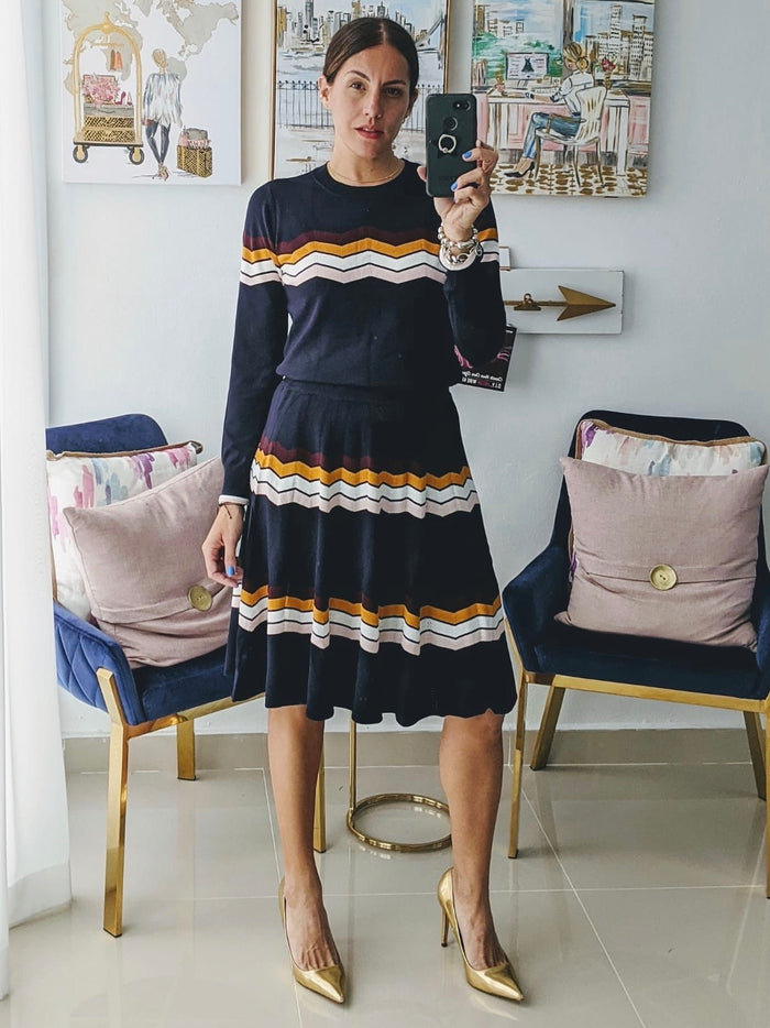 Navy Ripple Detail Knit Skirt