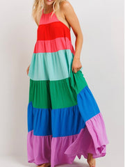 Multicolor Block Halter Maxi Dress
