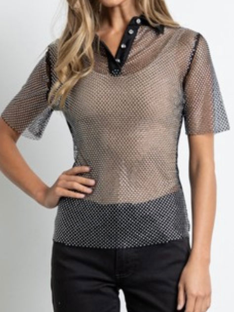 Black Rhinestone Mesh Collar Blouse