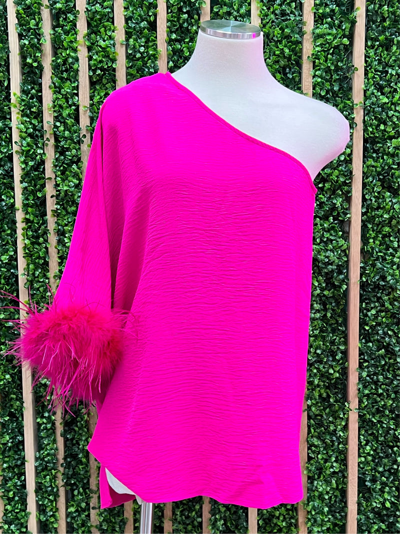 Hot Pink One Shoulder Feather Top