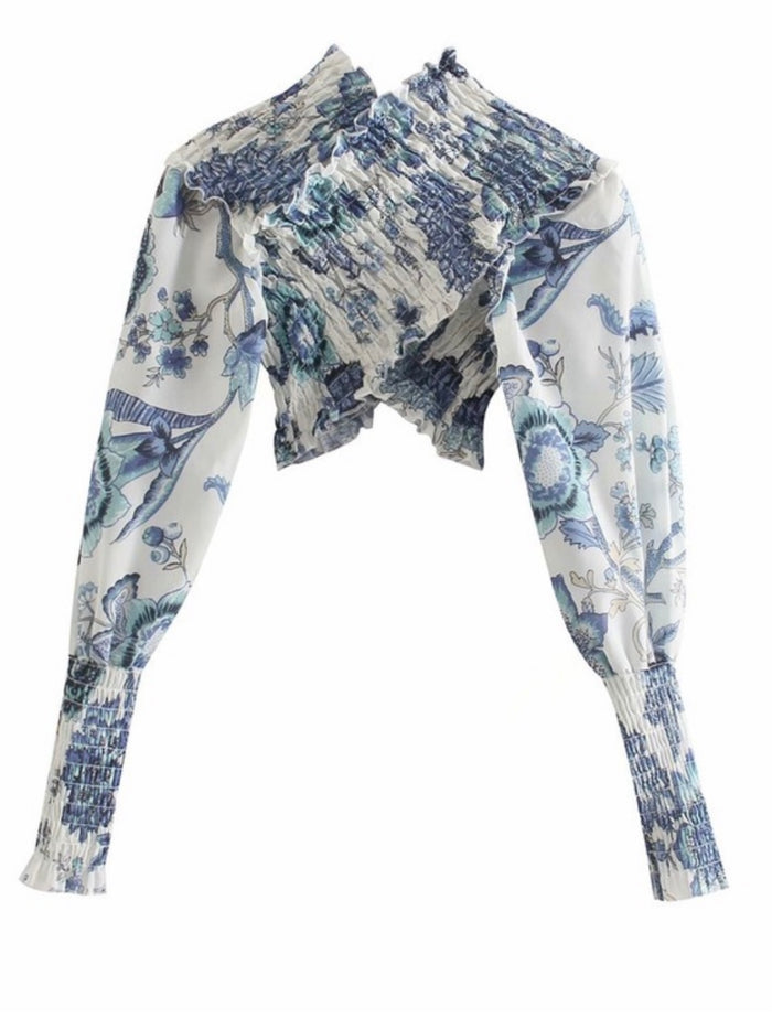 Blue Floral Print Wind Cross Top