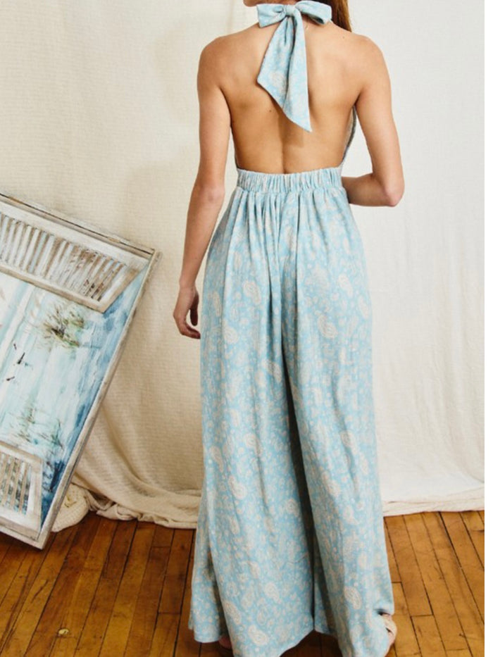 Blue Paisley V Neck Jumpsuit